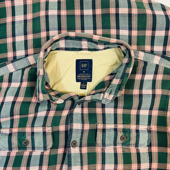 Womens Large Flannel Shirt Gap + Pendleton Deep Hunter Green Orange 100% Cotton - Picture 5 of 11
